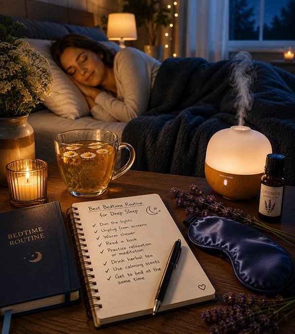 Person relaxing in a cozy bedroom at night with warm lighting, herbal tea, journal, and sleep wellness items creating a calming bedtime routine atmosphere.