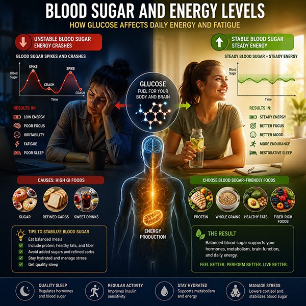 Educational infographic illustrating how blood sugar levels influence daily energy, focus, mood, and fatigue through the contrast between unstable glucose spikes and stable balanced energy.