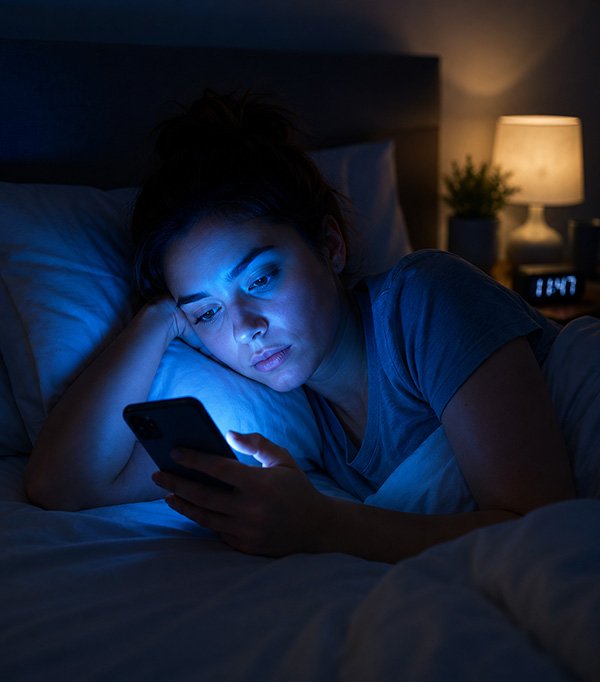 Woman using a smartphone in bed at night with blue light illuminating her face, representing the impact of screen exposure and blue light on sleep quality and circadian rhythm.
