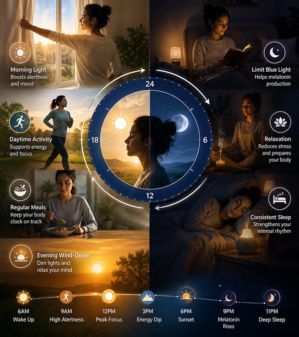 Infographic illustrating how the circadian rhythm regulates sleep, hormones, metabolism, energy levels, cognitive performance, and recovery throughout the 24-hour biological cycle.