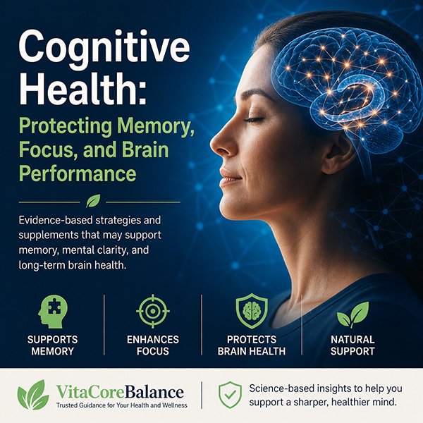 Illustration about cognitive health showing a person with a glowing brain graphic representing memory, focus, and brain performance support.