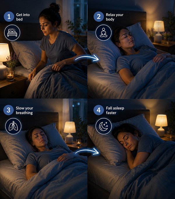Step-by-step nighttime sleep routine showing a person getting into bed, relaxing, slowing breathing, and falling asleep peacefully in a cozy bedroom environment.