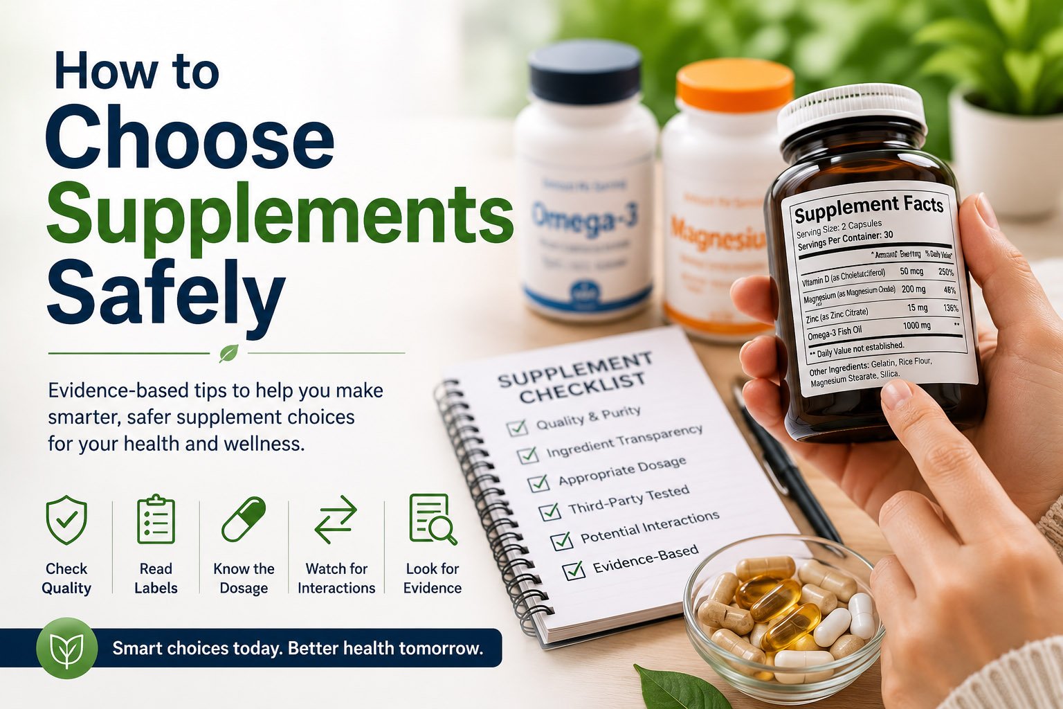Person reading a supplement label while comparing vitamins and wellness supplements for safety, dosage, and ingredient quality