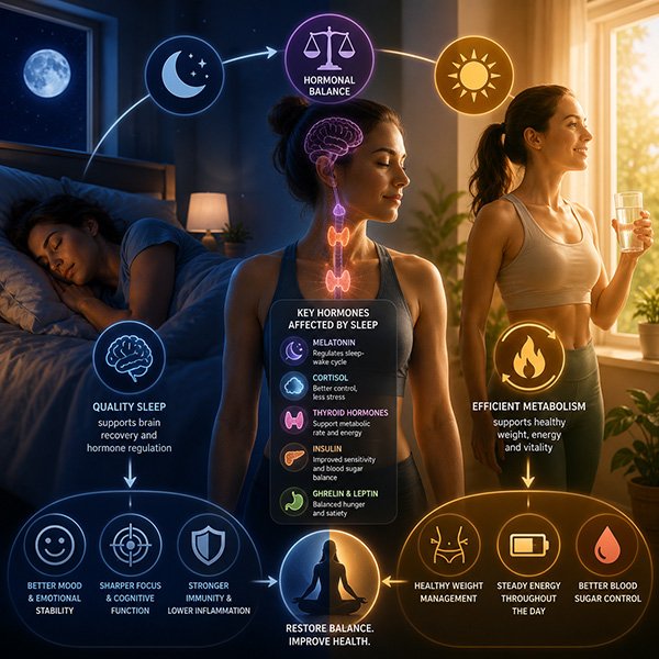 Split-scene health infographic showing the relationship between sleep quality, hormonal balance, metabolism, energy regulation, and overall wellness through nighttime recovery and daytime vitality.