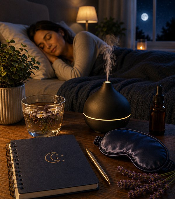 Peaceful nighttime bedroom scene with a sleeping person, diffuser, lavender, and calming wellness items representing the connection between sleep, hormonal balance, recovery, and metabolism.