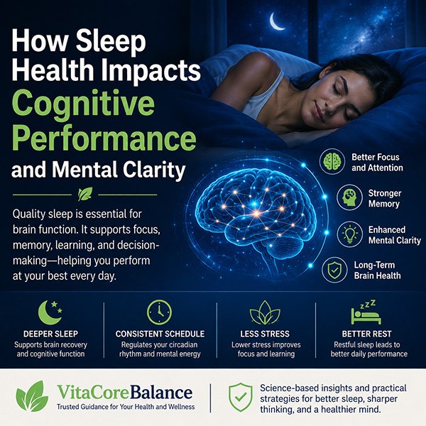 Infographic about how sleep health impacts cognitive performance and mental clarity, featuring brain activity visuals, healthy sleep habits, memory, focus, and mental recovery support.
