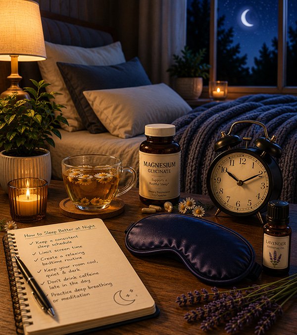 Cozy nighttime bedroom scene with warm lighting, herbal tea, sleep mask, and moonlit window representing healthy sleep habits and relaxation.