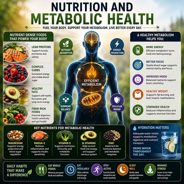 Educational infographic illustrating the relationship between nutrition, metabolism, energy production, hormone balance, and overall metabolic health through healthy foods, nutrient intake, and lifestyle habits.