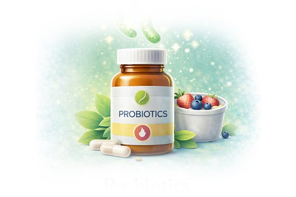 Bottle of probiotic supplements with capsules and yogurt, representing gut health, digestion, and microbiome support.