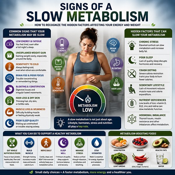 Educational infographic illustrating common signs of a slow metabolism, including fatigue, weight gain, low energy, brain fog, poor recovery, and hormonal imbalance, alongside lifestyle and nutrition factors that influence metabolic health.