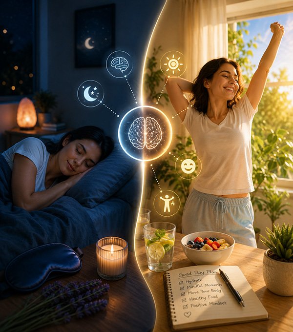 Split wellness scene showing a person sleeping peacefully at night on one side and waking up energized and emotionally positive in a bright morning environment on the other, representing the connection between sleep and mental health.