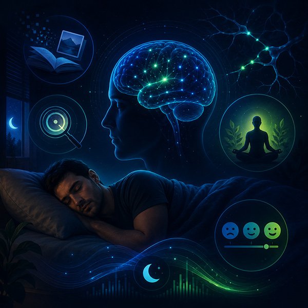 Dark-themed digital illustration showing a sleeping man surrounded by glowing brain activity, neural connections, and wellness symbols representing memory, focus, mood balance, and cognitive recovery during sleep.