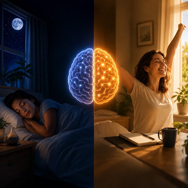 Split-scene illustration showing the connection between sleep and mental health, with a person peacefully sleeping at night on one side and waking up energized and emotionally balanced in the morning on the other, symbolizing brain function, mood, and emotional stability.