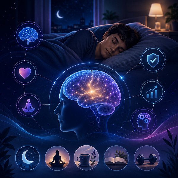 Digital illustration about sleep and mental health featuring a sleeping person, glowing brain imagery, emotional wellness symbols, and calming nighttime elements associated with brain recovery and emotional balance.