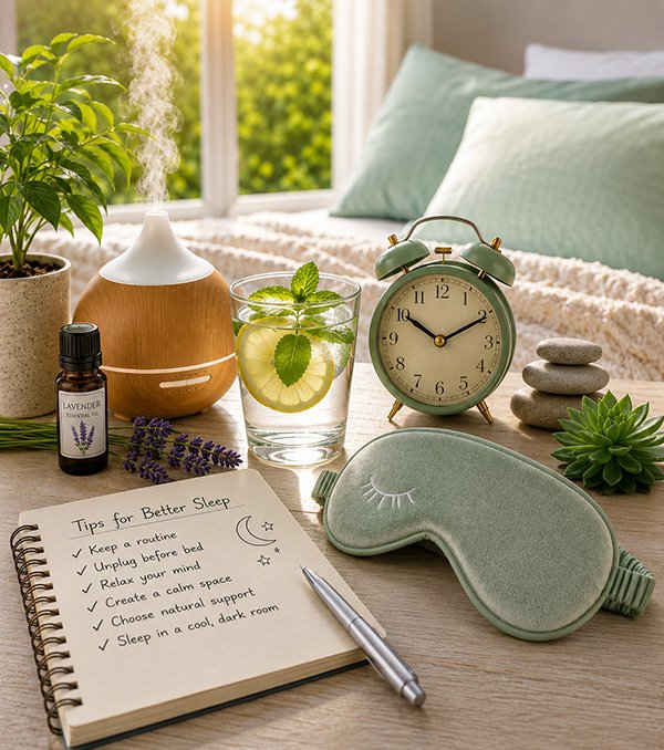 Relaxing sleep wellness scene with sleep mask, alarm clock, lavender oil, and calming bedroom setup designed to represent natural ways to improve sleep quality.
