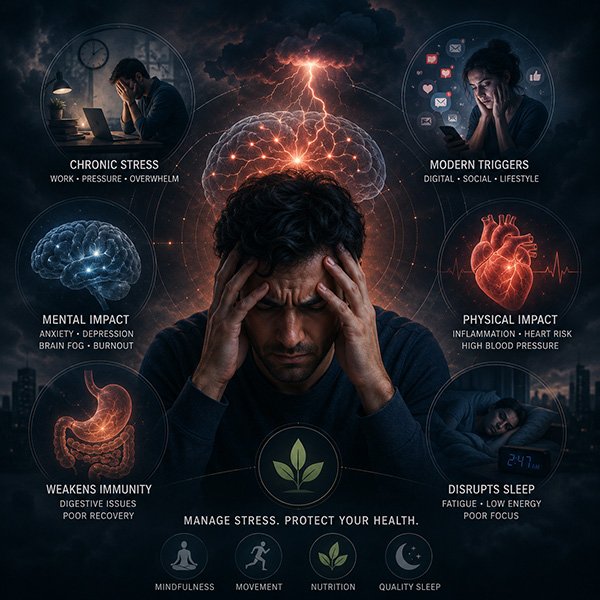 Dark conceptual illustration about chronic stress showing a distressed man surrounded by brain activity, heart health, sleep disruption, mental fatigue, and lifestyle-related stress factors.
