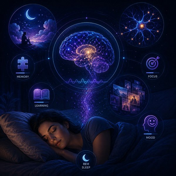 Dream-inspired digital illustration showing a sleeping woman, glowing brain activity, neural connections, and symbolic imagery related to REM sleep, memory processing, dreaming, focus, and emotional balance.